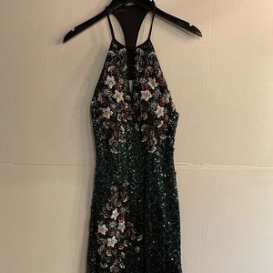 Black and Green Sequin Floral Cocktail Dress